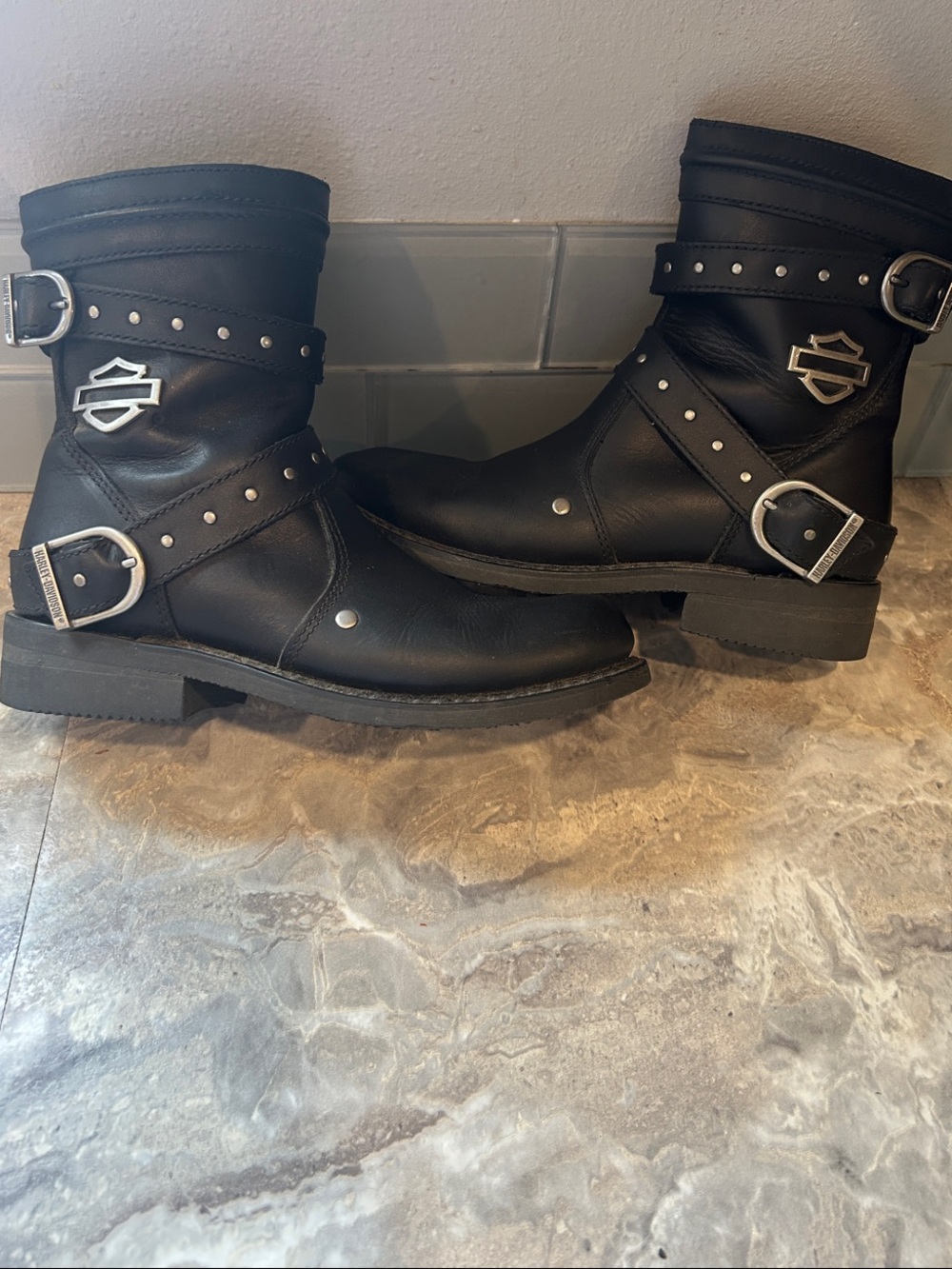 Harley-Davidson Black Leather Strap & Stud Biker Boots